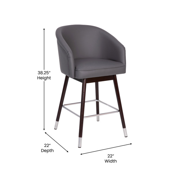 Margo 26" Commercial Grade Mid-Back Modern Counter Stool with Walnut Finish Beechwood Legs and Contoured Back, Gray LeatherSoft/Silver Accents