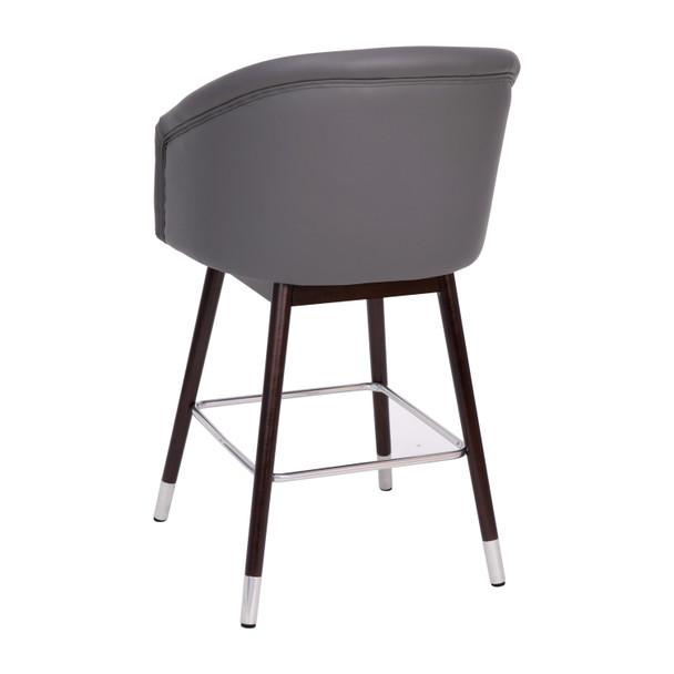 Margo 26" Commercial Grade Mid-Back Modern Counter Stool with Walnut Finish Beechwood Legs and Contoured Back, Gray LeatherSoft/Silver Accents