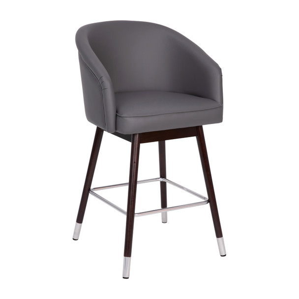 Margo 26" Commercial Grade Mid-Back Modern Counter Stool with Walnut Finish Beechwood Legs and Contoured Back, Gray LeatherSoft/Silver Accents