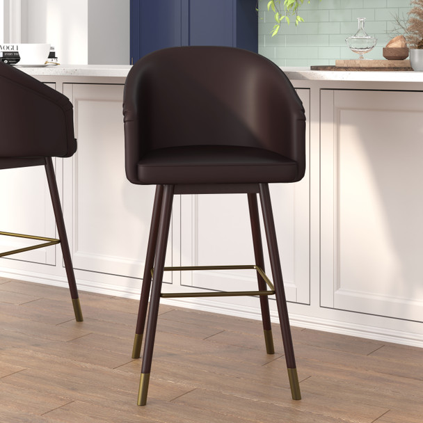 Margo 30" Commercial Grade Mid-Back Modern Barstool with Walnut Finish Beechwood Legs and Curved Back, Brown LeatherSoft with Muted Bronze Accents