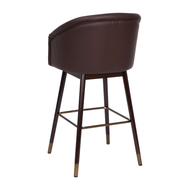 Margo 30" Commercial Grade Mid-Back Modern Barstool with Walnut Finish Beechwood Legs and Curved Back, Brown LeatherSoft with Muted Bronze Accents