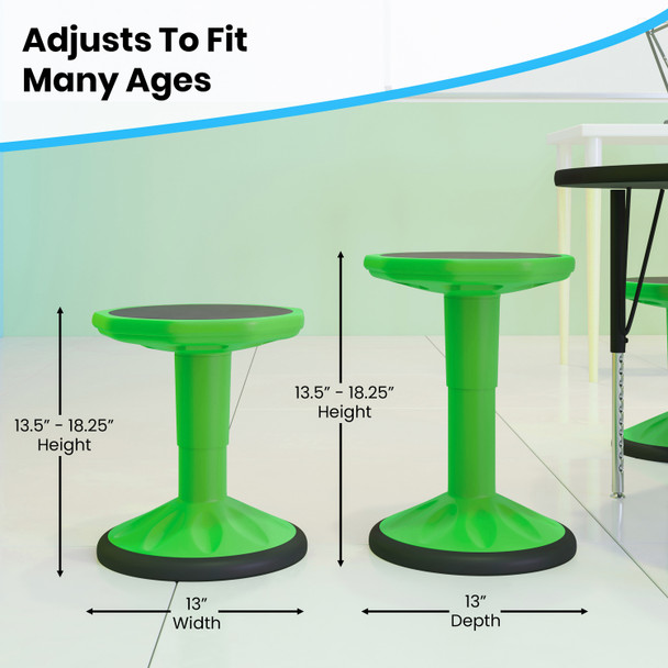 Carter Adjustable Height Kids Flexible Active Stool for Classroom and Home with Non-Skid Bottom in Green, 14" - 18" Seat Height