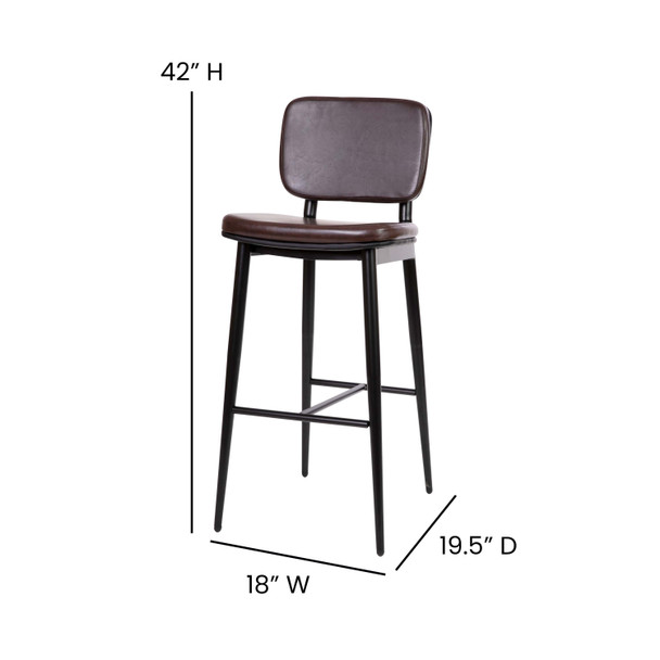 Kenzie Commercial Grade Mid-Back Barstools - Brown LeatherSoft Upholstery - Black Iron Frame with Integrated Footrest - Set of 2