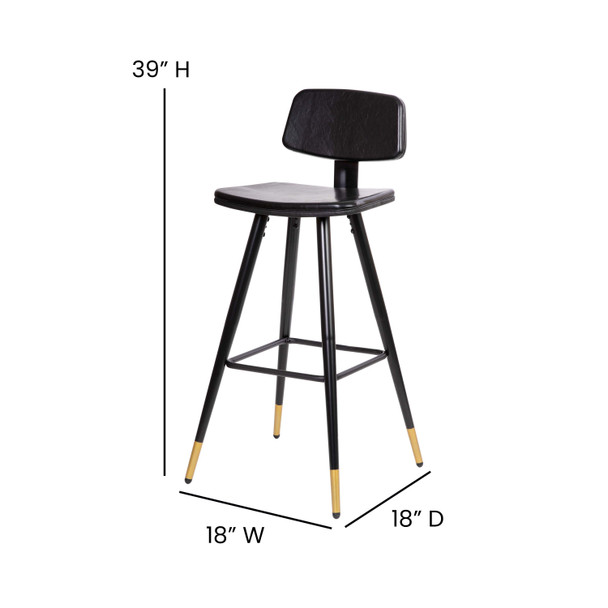 Kora Commercial Grade Low Back Barstools-Black LeatherSoft Upholstery-Black Iron Frame-Integrated Footrest-Gold Tipped Legs-Set of 2