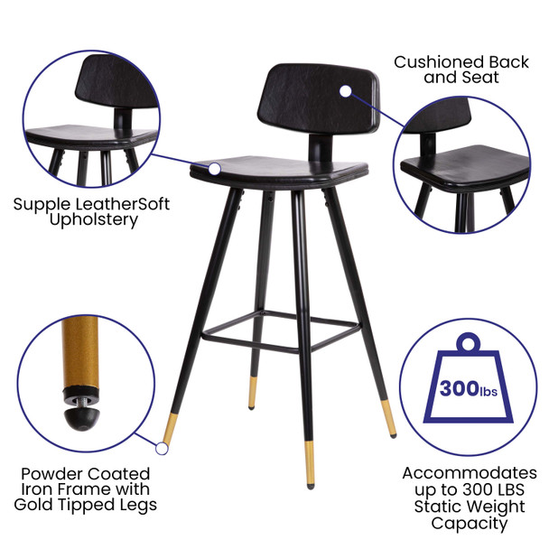 Kora Commercial Grade Low Back Barstools-Black LeatherSoft Upholstery-Black Iron Frame-Integrated Footrest-Gold Tipped Legs-Set of 2