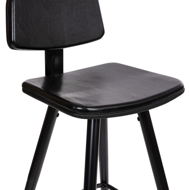 Kora Commercial Grade Low Back Barstools-Black LeatherSoft Upholstery-Black Iron Frame-Integrated Footrest-Gold Tipped Legs-Set of 2