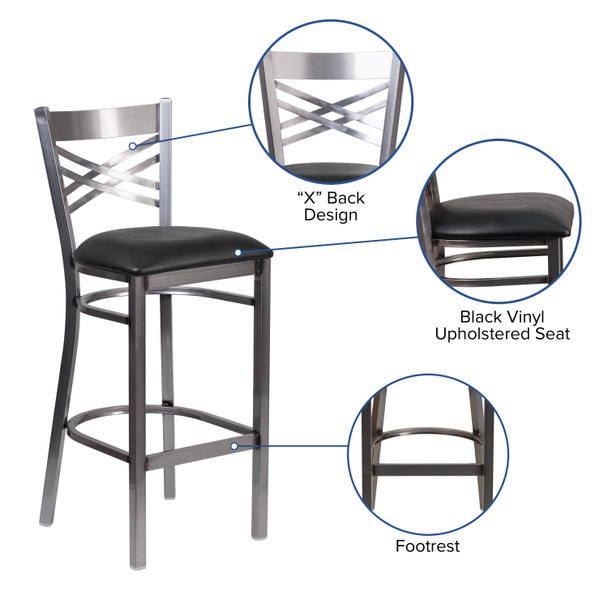 HERCULES Series Clear Coated ''X'' Back Metal Restaurant Barstool - Black Vinyl Seat