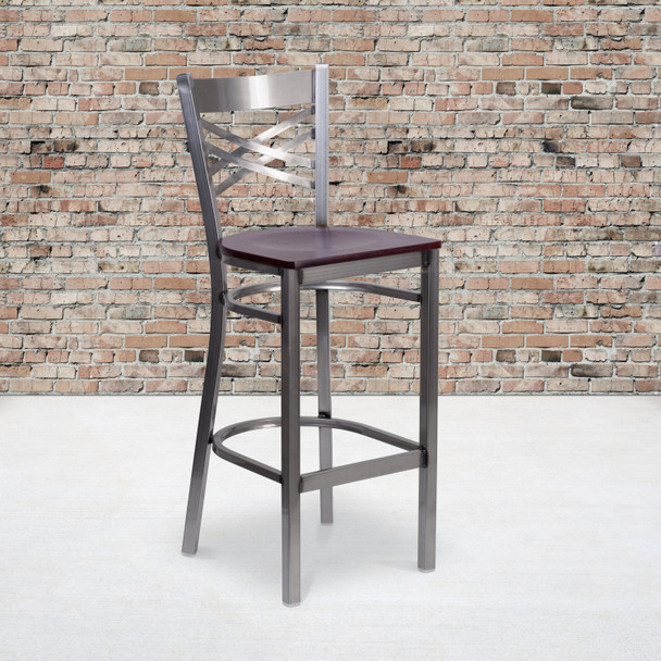 HERCULES Series Clear Coated ''X'' Back Metal Restaurant Barstool - Mahogany Wood Seat