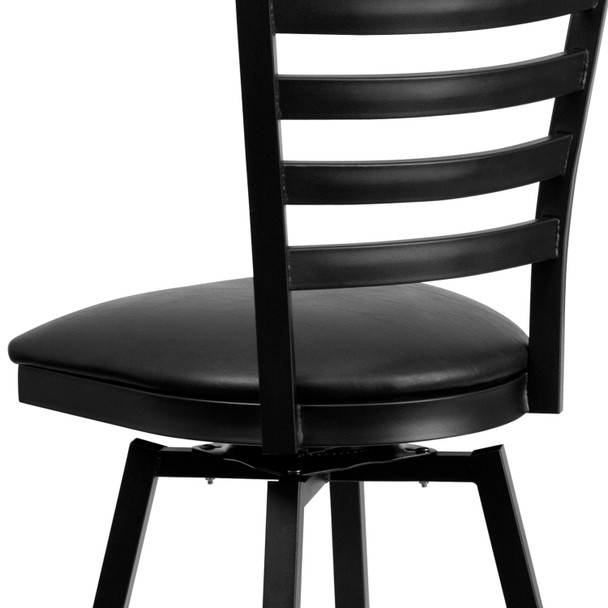 HERCULES Series Black Ladder Back Swivel Metal Barstool - Black Vinyl Seat