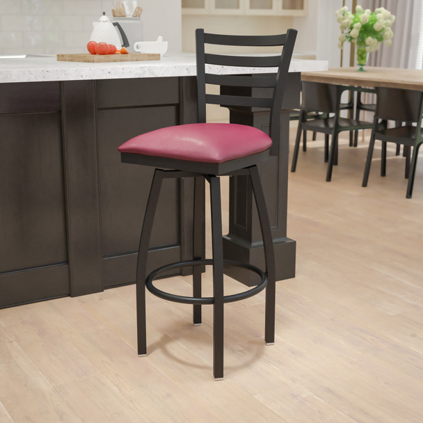 HERCULES Series Black Ladder Back Swivel Metal Barstool - Burgundy Vinyl Seat