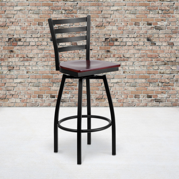 HERCULES Series Black Ladder Back Swivel Metal Barstool - Mahogany Wood Seat