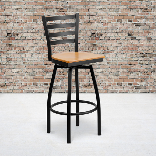 HERCULES Series Black Ladder Back Swivel Metal Barstool - Natural Wood Seat