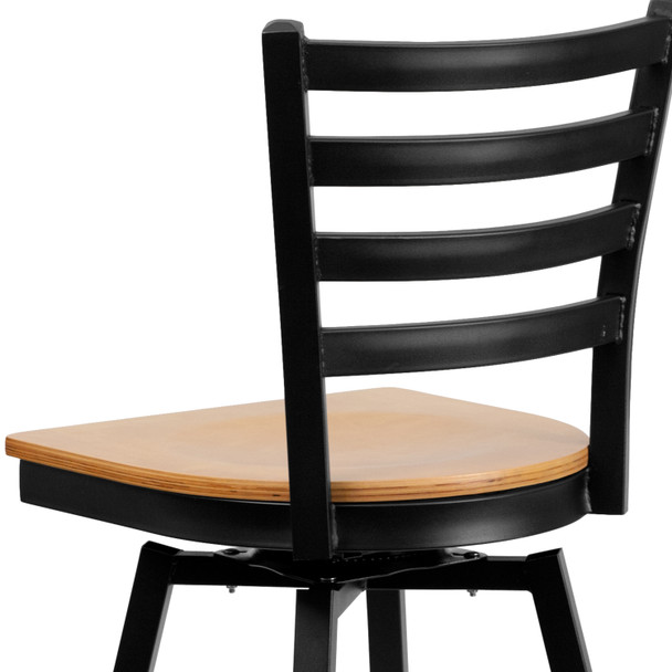 HERCULES Series Black Ladder Back Swivel Metal Barstool - Natural Wood Seat
