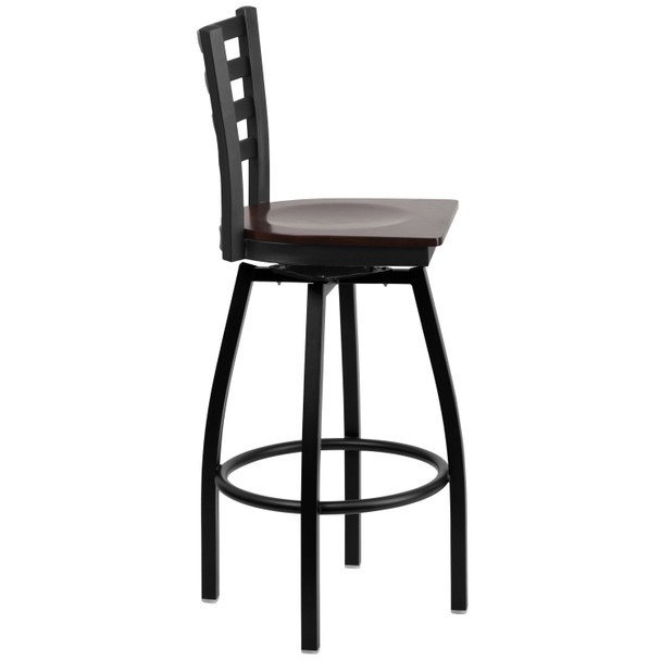 HERCULES Series Black Ladder Back Swivel Metal Barstool - Walnut Wood Seat