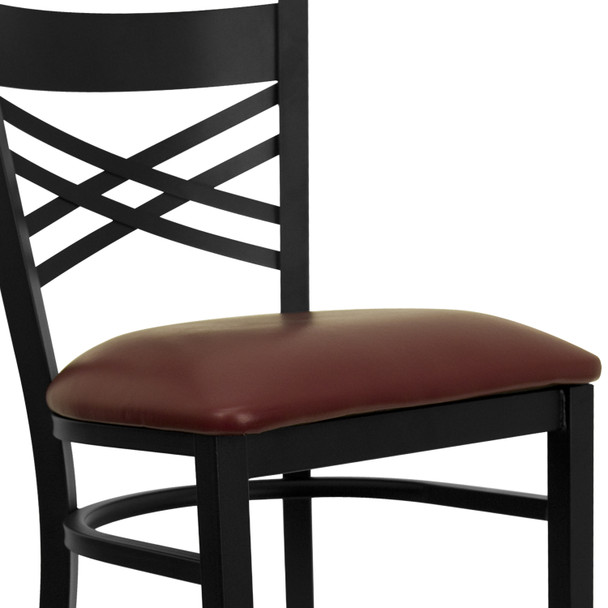 HERCULES Series Black ''X'' Back Metal Restaurant Barstool - Burgundy Vinyl Seat