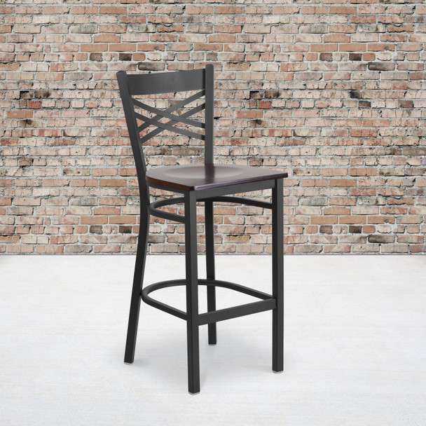 HERCULES Series Black ''X'' Back Metal Restaurant Barstool - Walnut Wood Seat