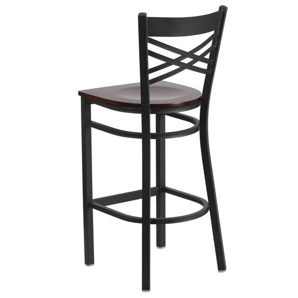 HERCULES Series Black ''X'' Back Metal Restaurant Barstool - Walnut Wood Seat