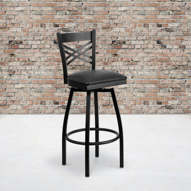 HERCULES Series Black ''X'' Back Swivel Metal Barstool - Black Vinyl Seat