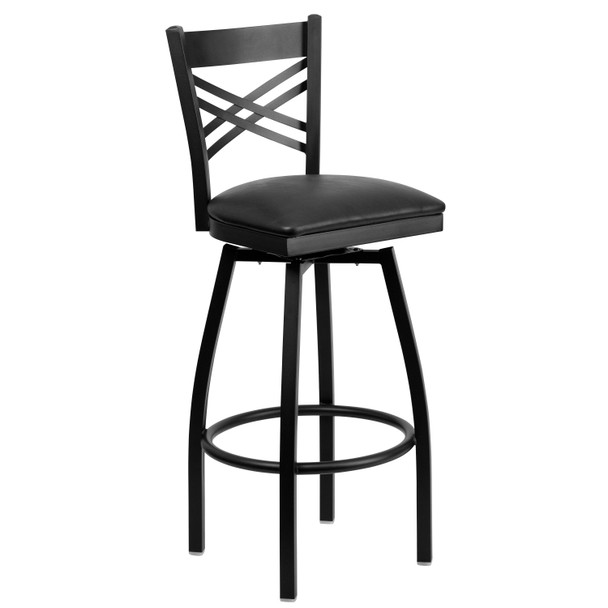 HERCULES Series Black ''X'' Back Swivel Metal Barstool - Black Vinyl Seat