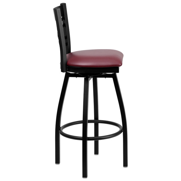 HERCULES Series Black ''X'' Back Swivel Metal Barstool - Burgundy Vinyl Seat