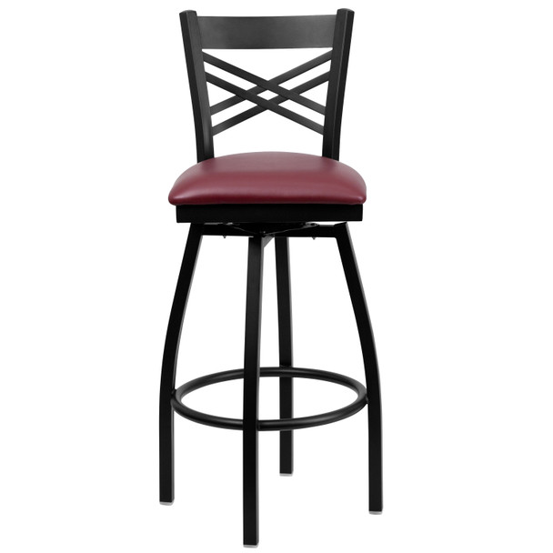 HERCULES Series Black ''X'' Back Swivel Metal Barstool - Burgundy Vinyl Seat