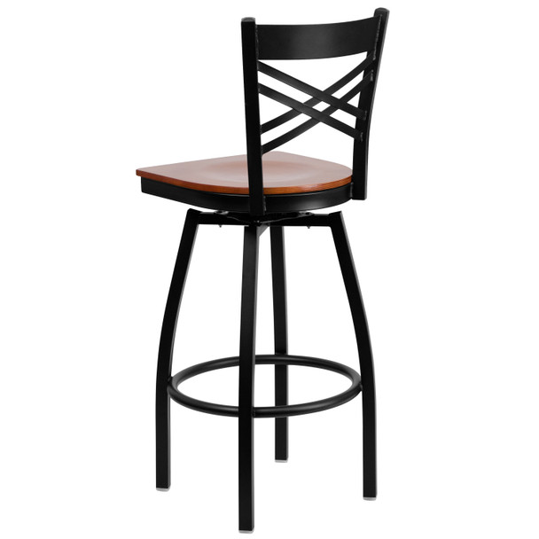 HERCULES Series Black ''X'' Back Swivel Metal Barstool - Cherry Wood Seat