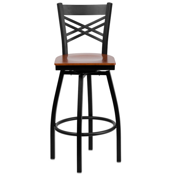 HERCULES Series Black ''X'' Back Swivel Metal Barstool - Cherry Wood Seat