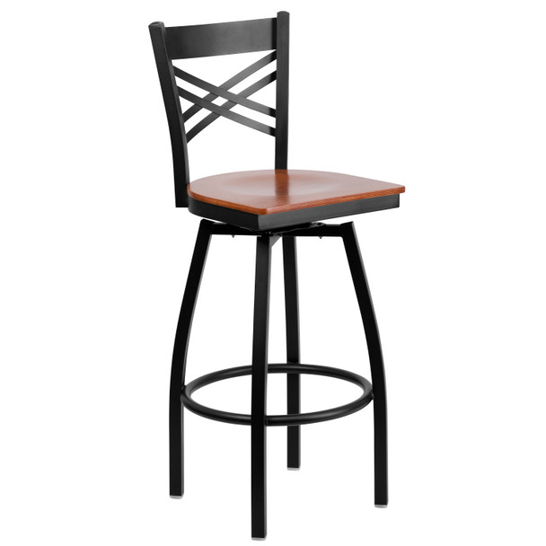 HERCULES Series Black ''X'' Back Swivel Metal Barstool - Cherry Wood Seat