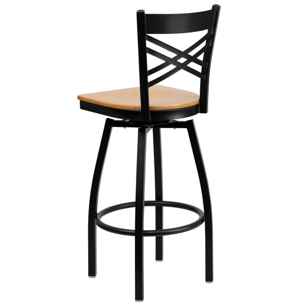 HERCULES Series Black ''X'' Back Swivel Metal Barstool - Natural Wood Seat