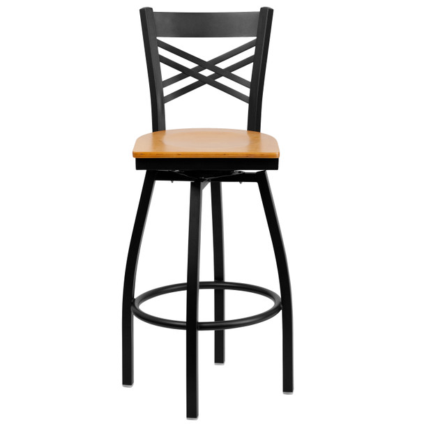 HERCULES Series Black ''X'' Back Swivel Metal Barstool - Natural Wood Seat