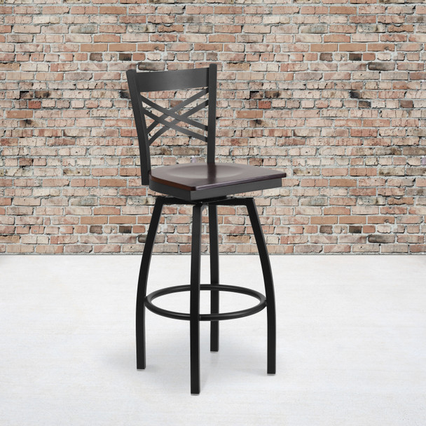 HERCULES Series Black ''X'' Back Swivel Metal Barstool - Walnut Wood Seat