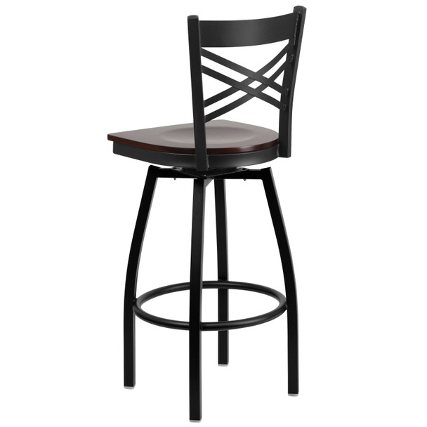 HERCULES Series Black ''X'' Back Swivel Metal Barstool - Walnut Wood Seat