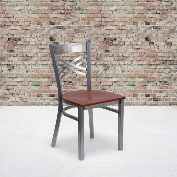 HERCULES Series Clear Coated ''X'' Back Metal Restaurant Chair - Cherry Wood Seat