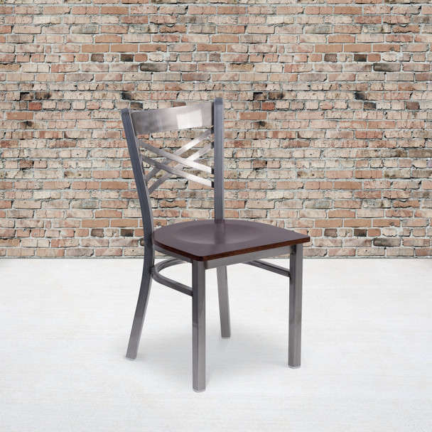 HERCULES Series Clear Coated ''X'' Back Metal Restaurant Chair - Walnut Wood Seat