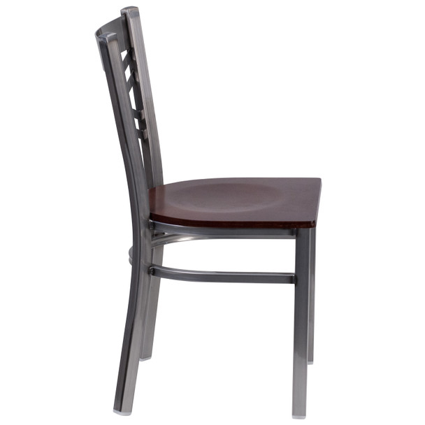 HERCULES Series Clear Coated ''X'' Back Metal Restaurant Chair - Walnut Wood Seat