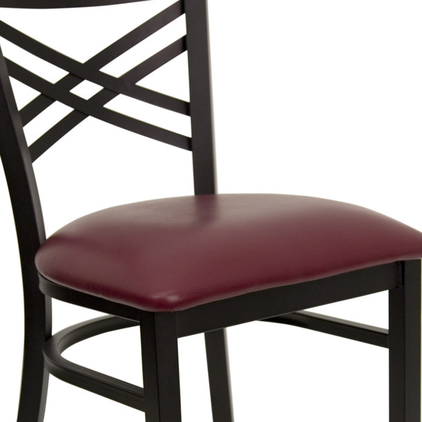 HERCULES Series Black ''X'' Back Metal Restaurant Chair - Burgundy Vinyl Seat
