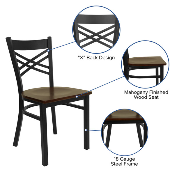 HERCULES Series Black ''X'' Back Metal Restaurant Chair - Mahogany Wood Seat