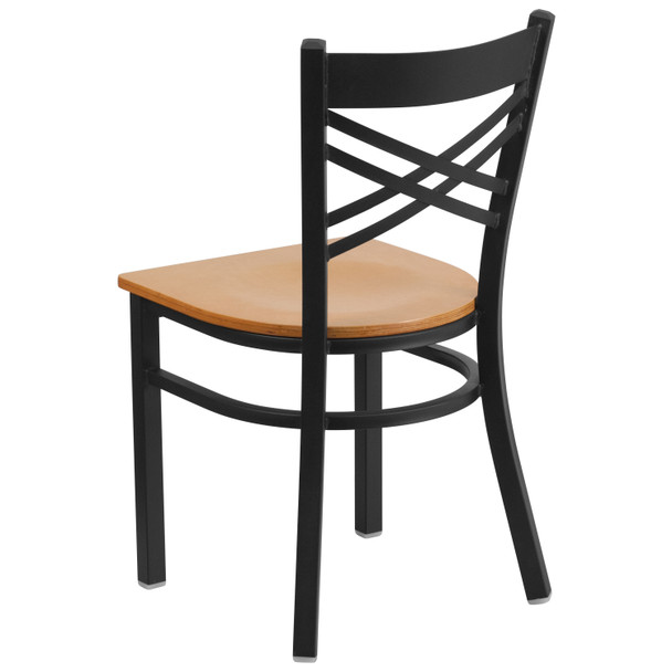 HERCULES Series Black ''X'' Back Metal Restaurant Chair - Natural Wood Seat