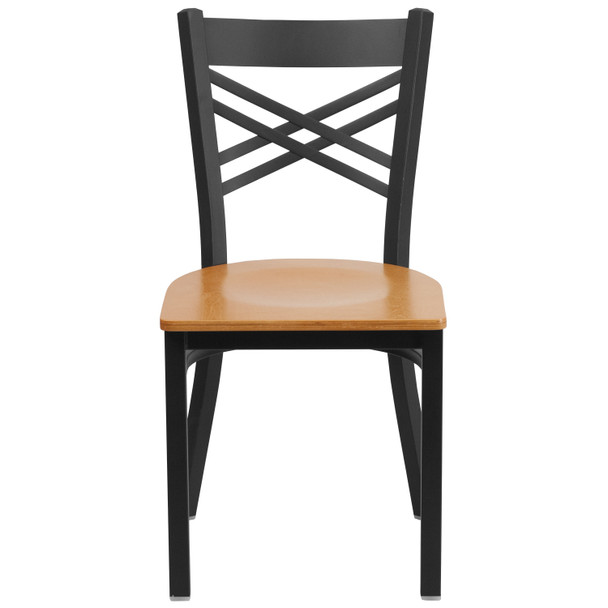 HERCULES Series Black ''X'' Back Metal Restaurant Chair - Natural Wood Seat