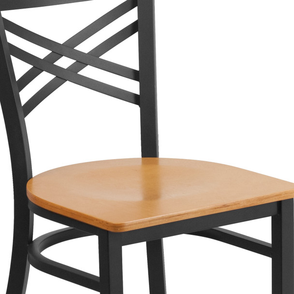 HERCULES Series Black ''X'' Back Metal Restaurant Chair - Natural Wood Seat