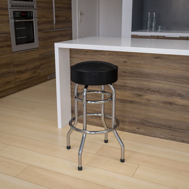 Bruno Double Ring Chrome Barstool with Black Seat