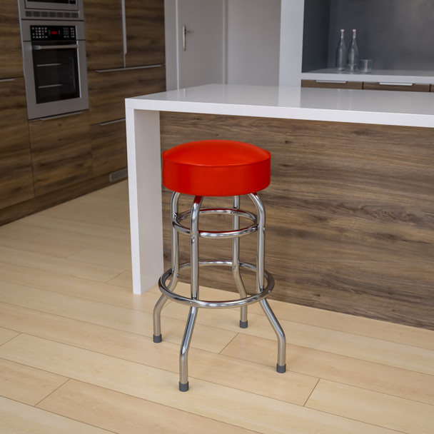 Bruno Double Ring Chrome Barstool with Red Seat