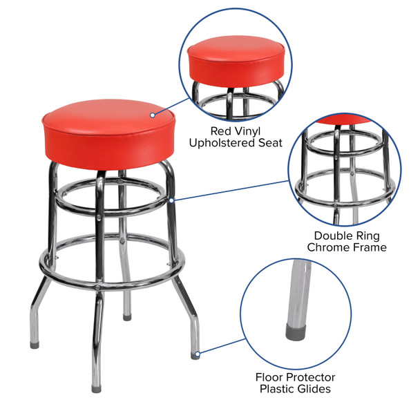 Bruno Double Ring Chrome Barstool with Red Seat