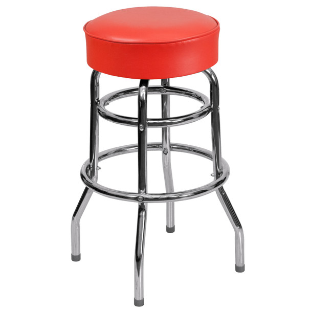 Bruno Double Ring Chrome Barstool with Red Seat