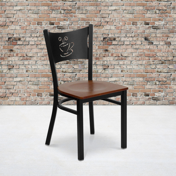 HERCULES Series Black Coffee Back Metal Restaurant Chair - Cherry Wood Seat