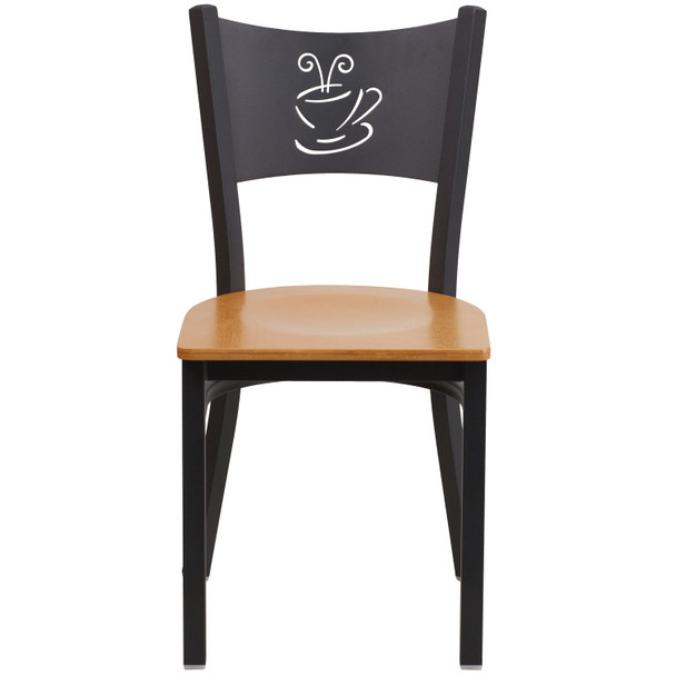 HERCULES Series Black Coffee Back Metal Restaurant Chair - Natural Wood Seat