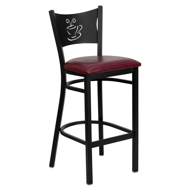 HERCULES Series Black Coffee Back Metal Restaurant Barstool - Burgundy Vinyl Seat