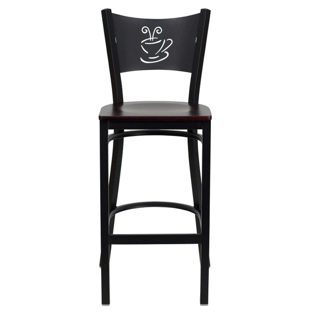 HERCULES Series Black Coffee Back Metal Restaurant Barstool - Mahogany Wood Seat