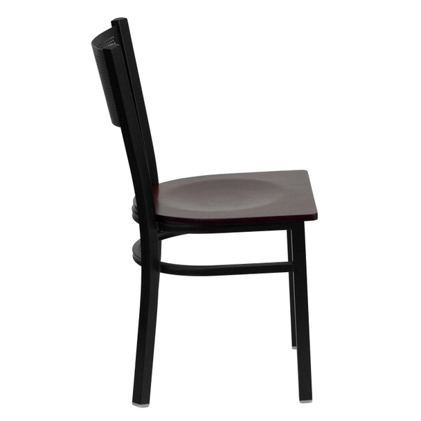 HERCULES Series Black Grid Back Metal Restaurant Chair - Mahogany Wood Seat