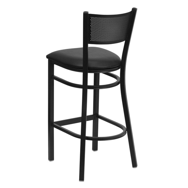 HERCULES Series Black Grid Back Metal Restaurant Barstool - Black Vinyl Seat